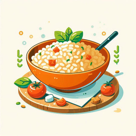 Risotto in a bowl with tomatoes and basil. Vector illustration.のイラスト素材