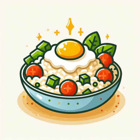 Rice porridge with fried egg in bowl. Vector illustration.のイラスト素材