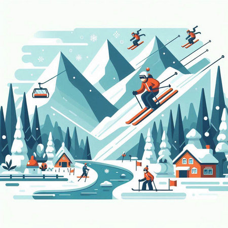 Ski resort. Winter sport. Vector illustration in flat style.のイラスト素材