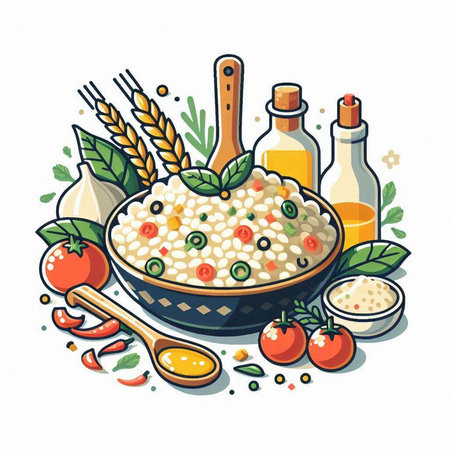 Risotto in a bowl with ingredients for cooking. Vector illustration.のイラスト素材