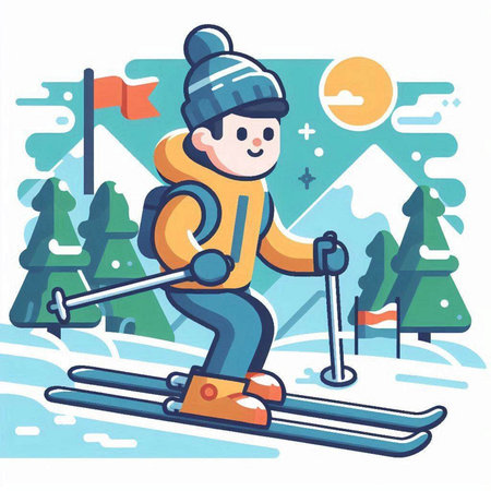 Vector illustration of a boy skiing on the ski slope in the mountainsのイラスト素材