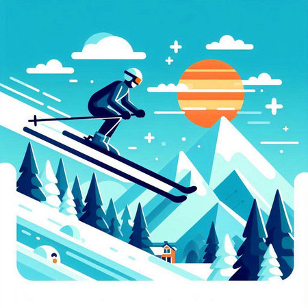 Skiing in the mountains. Vector illustration in flat style.のイラスト素材