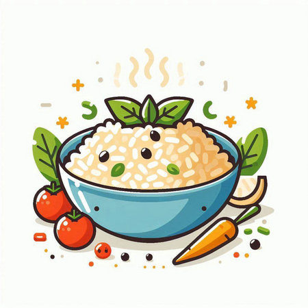Rice porridge in a bowl with carrots and basil. Vector illustration.のイラスト素材