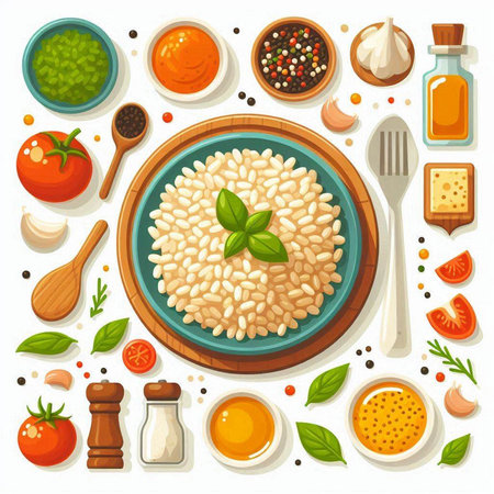 Risotto with spices and ingredients. Vector illustration in cartoon styleのイラスト素材
