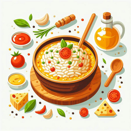 Illustration of a bowl of delicious risotto with tomatoes, olives, cheese, herbs and olive oil.のイラスト素材