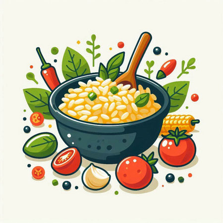 Illustration of a bowl of risotto with ingredients for cooking.のイラスト素材
