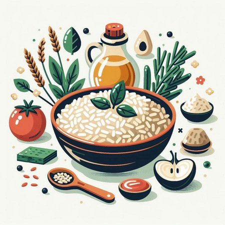 Risotto in a bowl with ingredients for cooking. Vector illustration.のイラスト素材