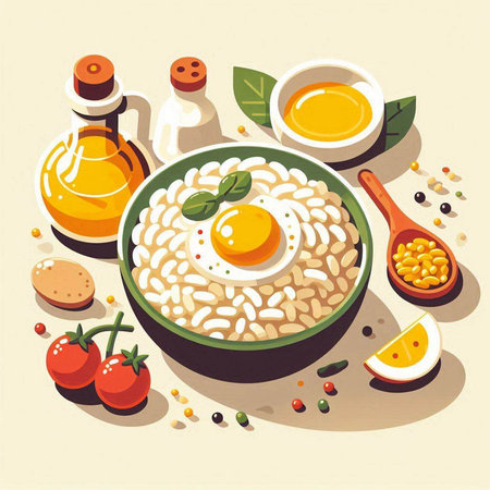 Rice porridge with egg in a bowl. Vector illustration.のイラスト素材