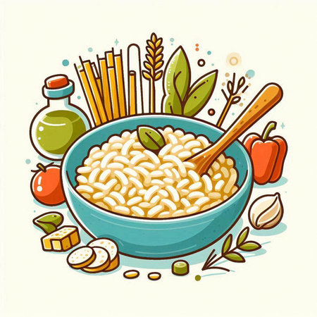 Risotto in bowl with ingredients. Vector illustration of Italian food.のイラスト素材