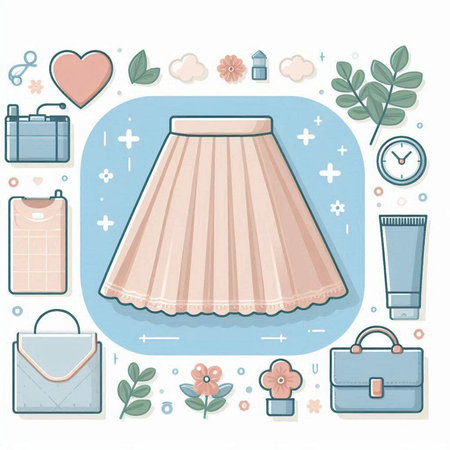 Flat design vector illustration of women's clothing and accessories: skirt, bag, wallet, cosmetics.のイラスト素材
