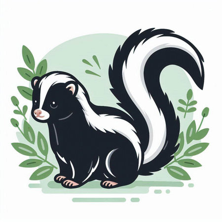 Vector illustration of a skunk on a green background with leaves.のイラスト素材