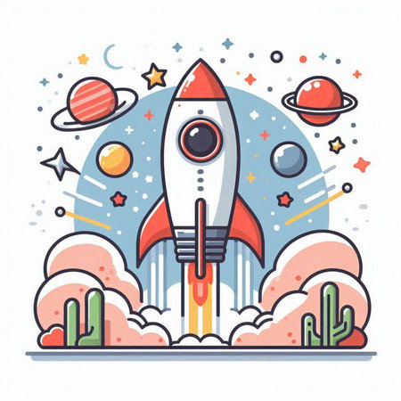 Space rocket with planets and stars. Vector illustration in flat style.のイラスト素材