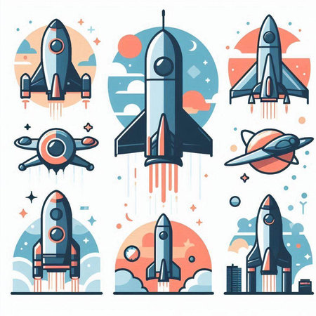 Set of space rocket icons. Vector illustration in flat cartoon style.のイラスト素材