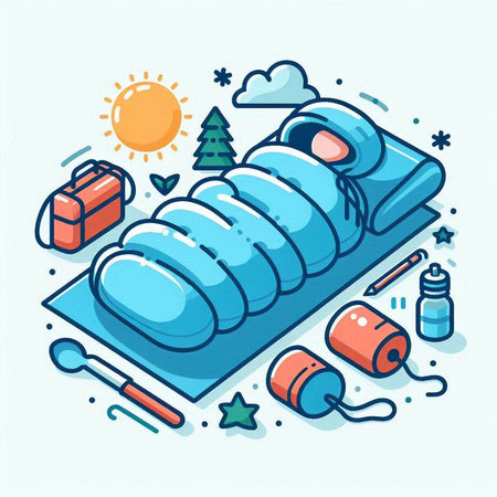 Vector illustration of inflatable mattress in flat line art style on light blue background.のイラスト素材