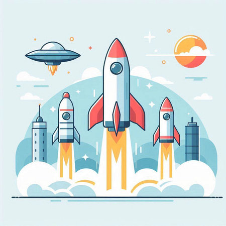 Rocket launch into space. Start up concept. Flat design vector illustration.のイラスト素材