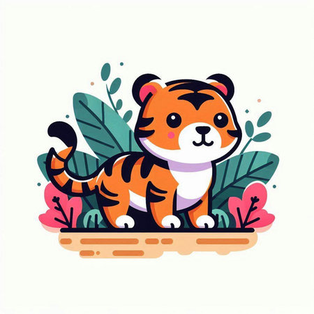 Cute tiger in the jungle. Vector illustration in cartoon style.のイラスト素材