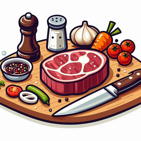 Meat steak on cutting board with knife and vegetables. Vector illustration.のイラスト素材