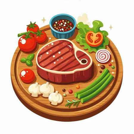 Steak with vegetables on wooden board. Vector illustration in cartoon styleのイラスト素材