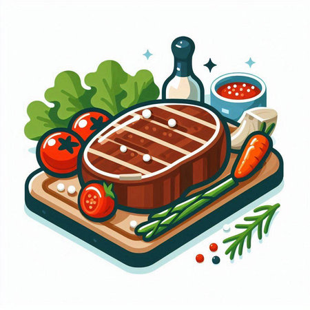 Steak with vegetables and spices on a cutting board. Vector illustration.のイラスト素材