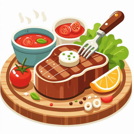 Illustration of a Steak Served on a Wooden Board with Tomatoes and Saladのイラスト素材