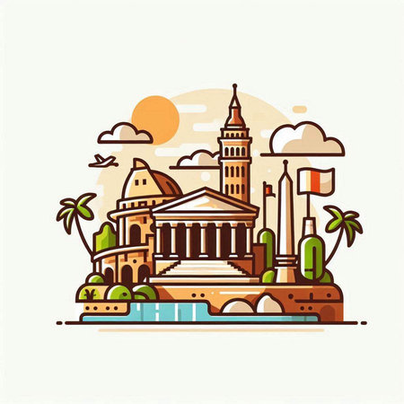 Travel to Italy. Vector illustration with famous landmarks in flat style.のイラスト素材