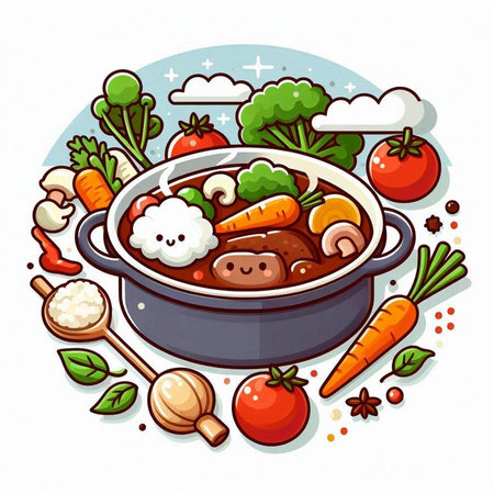 Vegetable soup in a pot. Vector illustration of a cartoon style.のイラスト素材