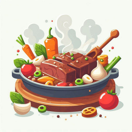Cooking meat with vegetables in a frying pan. Vector illustration.のイラスト素材