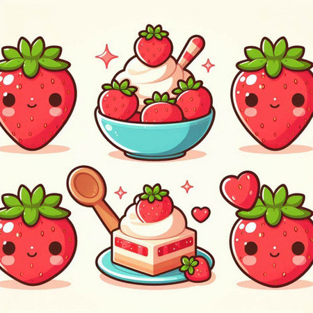 Strawberry vector illustration. Cute cartoon strawberry characters set.のイラスト素材