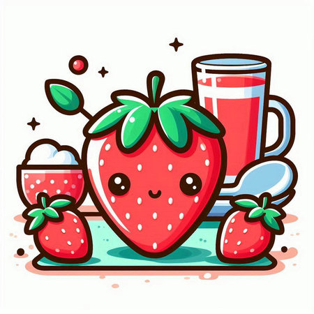 Strawberry cartoon character with a glass of juice. Vector illustration.のイラスト素材