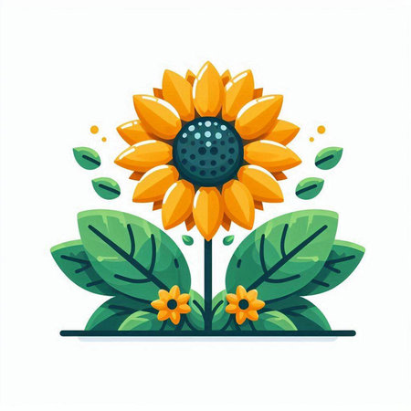 Sunflower with leaves and flowers on white background. Vector illustration.のイラスト素材