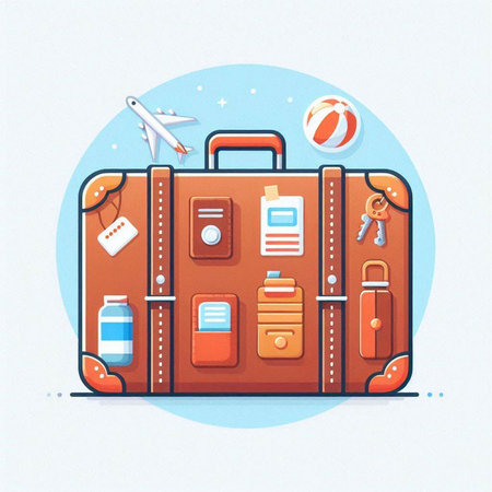 Suitcase with travel items. Vector illustration in cartoon style.のイラスト素材