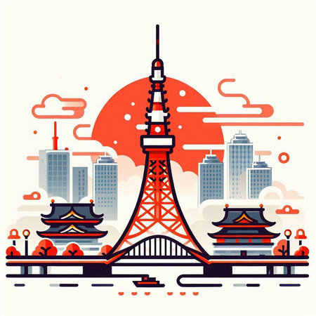 Tokyo Tower, Tokyo, Japan. Vector illustration in flat style.のイラスト素材