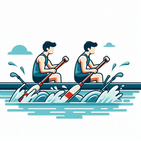 Two men rowing on the river. Vector illustration in cartoon style.のイラスト素材
