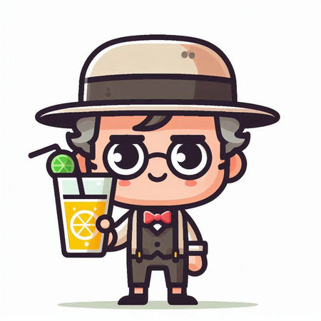 Cute cartoon detective with a glass of juice, vector illustration.のイラスト素材
