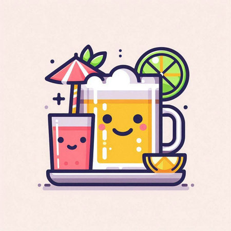 Cute cartoon beer mug with lemon and lime. Vector illustration.のイラスト素材