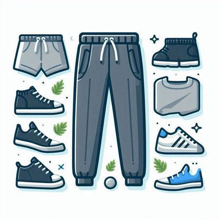 Vector illustration of a set of sportswear. Sneakers, shorts, sneakers, sneakers.のイラスト素材