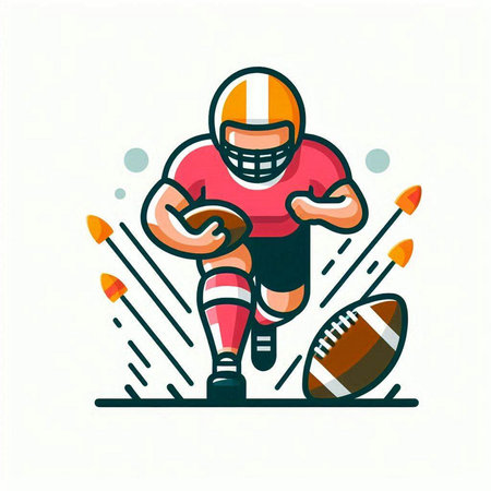 American football player in helmet and uniform running with ball. Vector illustrationのイラスト素材