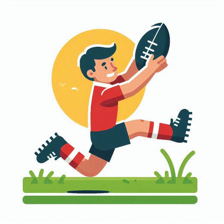 Cute boy playing american football, flat vector illustration isolated.のイラスト素材