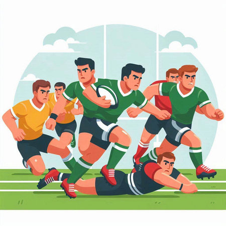 Rugby players in action. Colored vector illustration in cartoon styleのイラスト素材