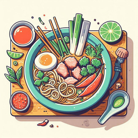 Illustration of Asian noodle soup with chopsticks and vegetables.のイラスト素材