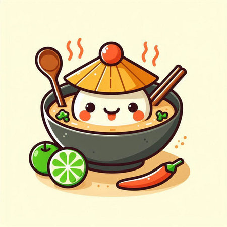 Cute cartoon vector illustration of rice dumpling with chilli and limeのイラスト素材