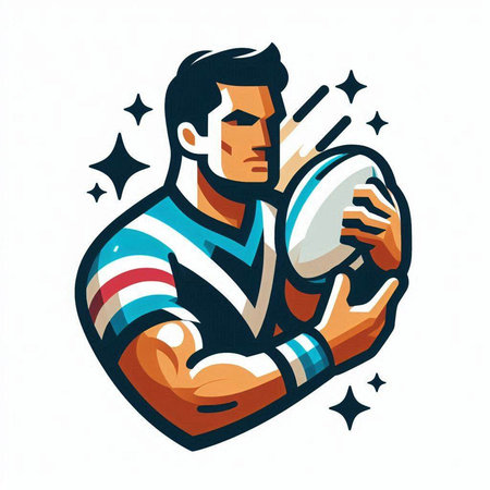 Illustration of a rugby player holding ball facing front done in retro style.のイラスト素材