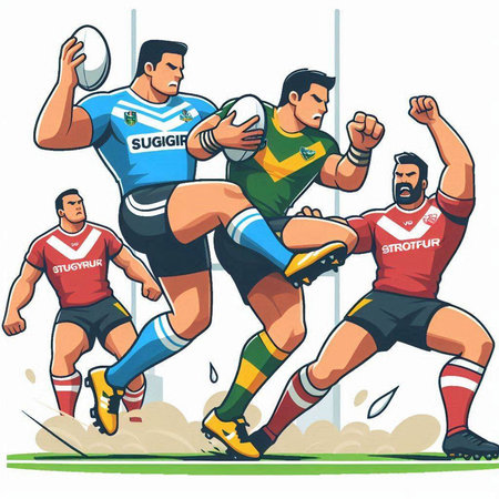 Rugby players action, cartoon vector illustration. Sport graphic designのイラスト素材
