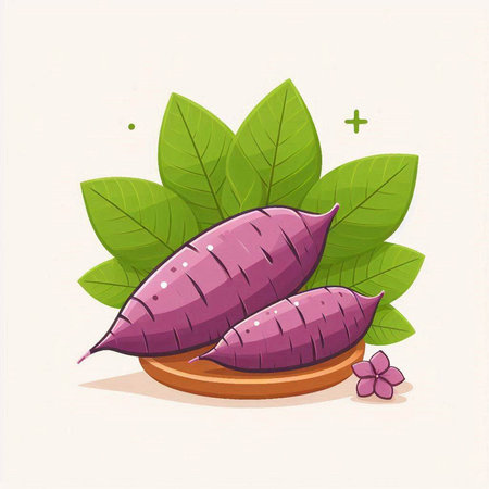 Illustration of purple sweet potato on wooden plate with green leaves.のイラスト素材