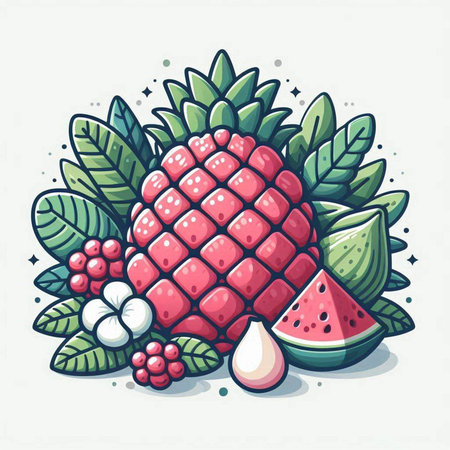 Pineapple fruit with leaves and watermelon. Vector illustration.のイラスト素材