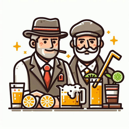 Vector illustration of two men in bavarian clothes drinking beer.のイラスト素材