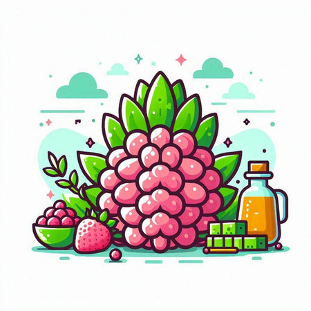 Vector illustration of raspberry fruit in flat line art style on white background.のイラスト素材