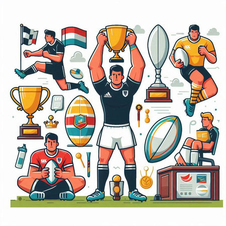Rugby sport championship vector icons set with rugby player and trophy cup illustrationのイラスト素材