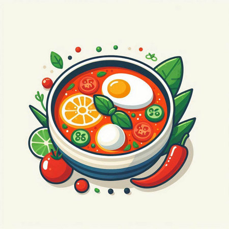 Tom yum soup in a bowl with vegetables and egg. Vector illustration.のイラスト素材