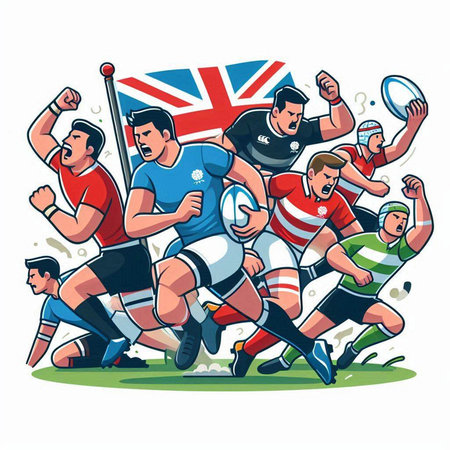 Rugby players action cartoon sport graphic vector. Rugby team fight for ballのイラスト素材
